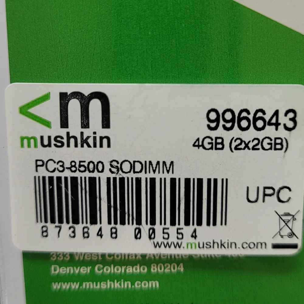 MUSHKIN ENHANCED ESSENTIALS 4GB (2X2GB) PC3-8500 SODIMM LAPTOP MEMORY 996643 NEW
